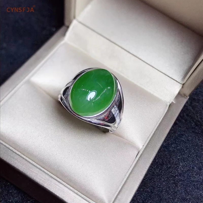 CYNSFJA настоящий Сертифицированный натуральный Хотан Jade Jasper 925 пробы Серебряный Мужской Амулет зеленый нефрит кольца размер регулируемый лучшие подарки