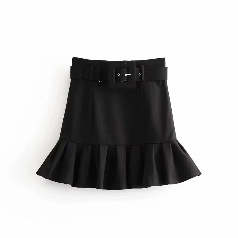 Black Новинка, Женский костюм с поясом, юбка zora vicky, Женская офисная юбка с оборками, Faldas, высокая талия, тонкая мини-юбка с поясом, юбка za, черная - Цвет: Black