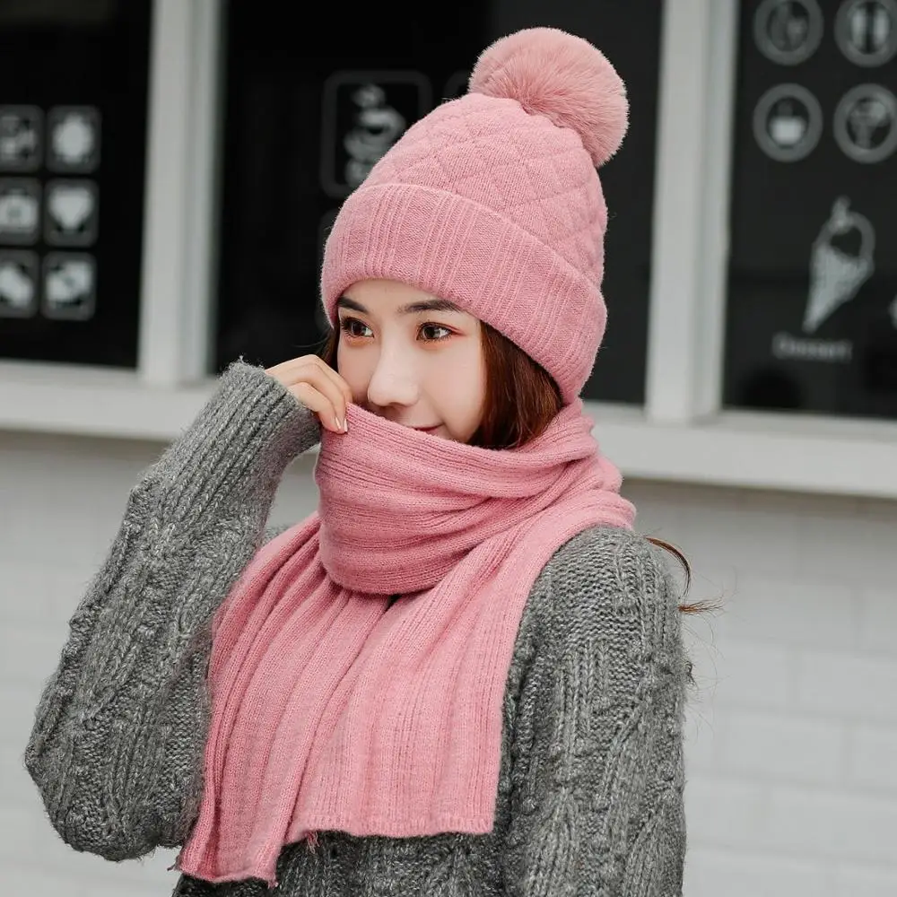 pink Зимняя женская шапка, шарф, комплект для девочек, модный бренд, вязаная шапка, шарф, два предмета, женский плюс бархат, Толстая Повседневная шапка, шарф, наборы - Цвет: pink
