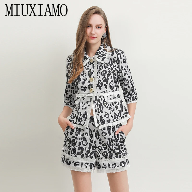 MIUXIMAO, лучшее качество,, офисный женский осенний комплект-двойка, элегантный топ с коротким рукавом, роскошный Леопардовый принт, костюмы для женщин, Vestido