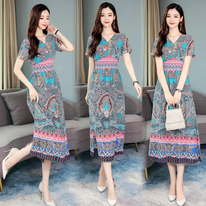 

2019 New Style Summer Ethnic-Style Dress Commuting Versatile V-neck Convention Ladies'