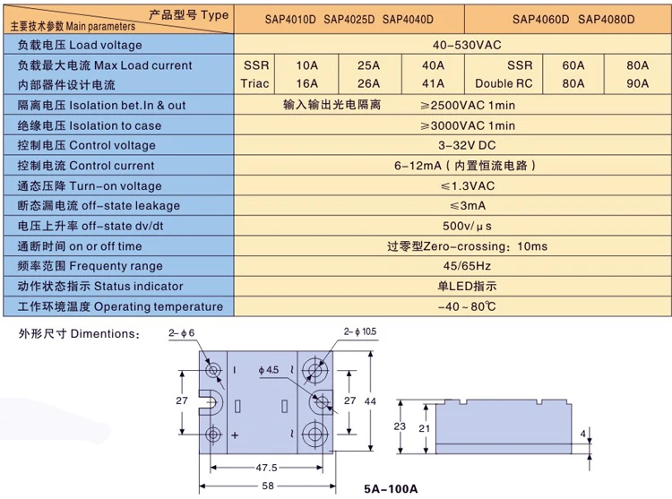 Реле SAP4025D DC управляемый AC 25A 3-32V 40-480V