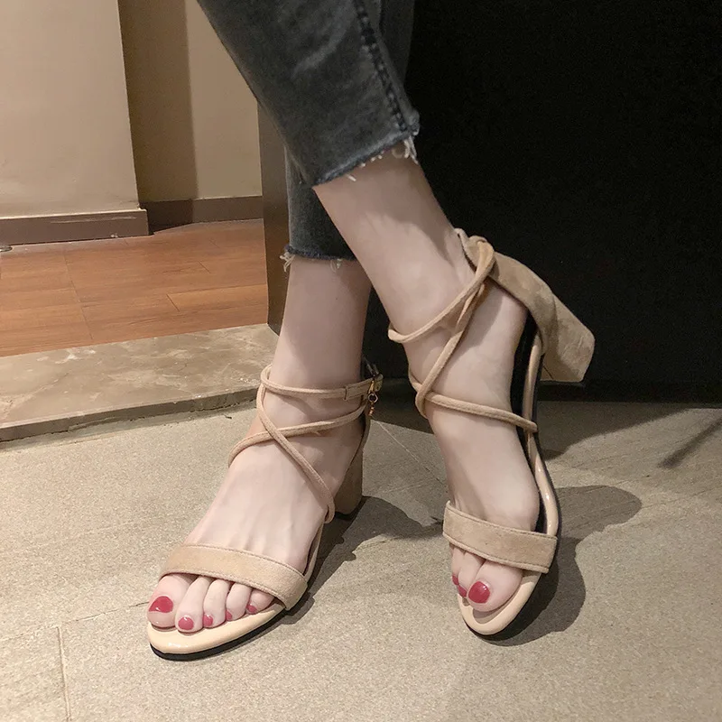 

2019 Summer Korean-style Chunky-Heel Suede Cross Straps Sandals Women's Man-made Diamond Buckle High-Heel Elegant WOMEN'S Shoes