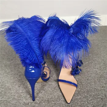 

woman blue feather high heel sandal pointed toe high heel king blue feather woman party sandal real photo large size custom make