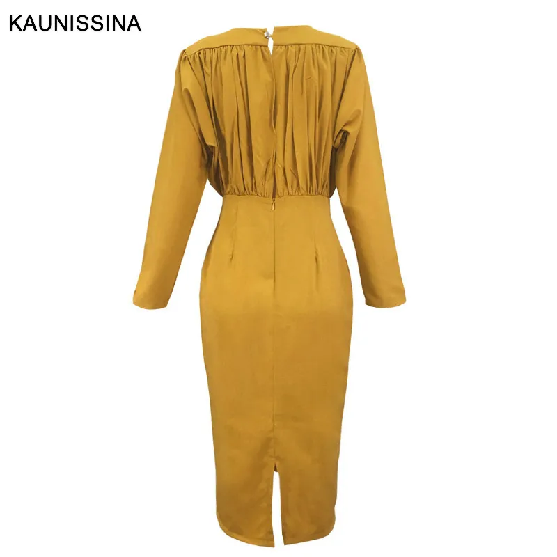 KAUNISSINA Bodycon Dress Elegant Cocktail Gown Solid V Neck Long Sleeve Knee-Length Robe Pencil Cocktail Dresses