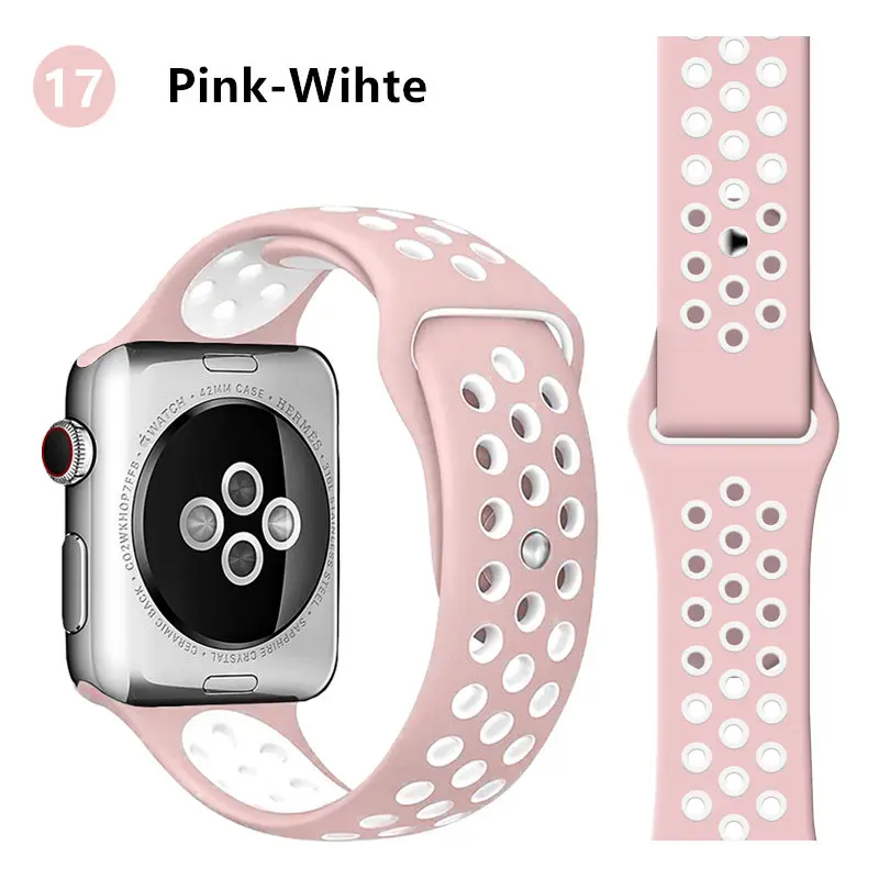 light pink white 17 Ремешок для apple watch ремешок 44 мм 40 мм correa apple watch 5 4 3 iwatch ремешок 42 мм 38 мм спортивный силиконовый браслет аксессуары для часов - Цвет ремешка: light pink white 17