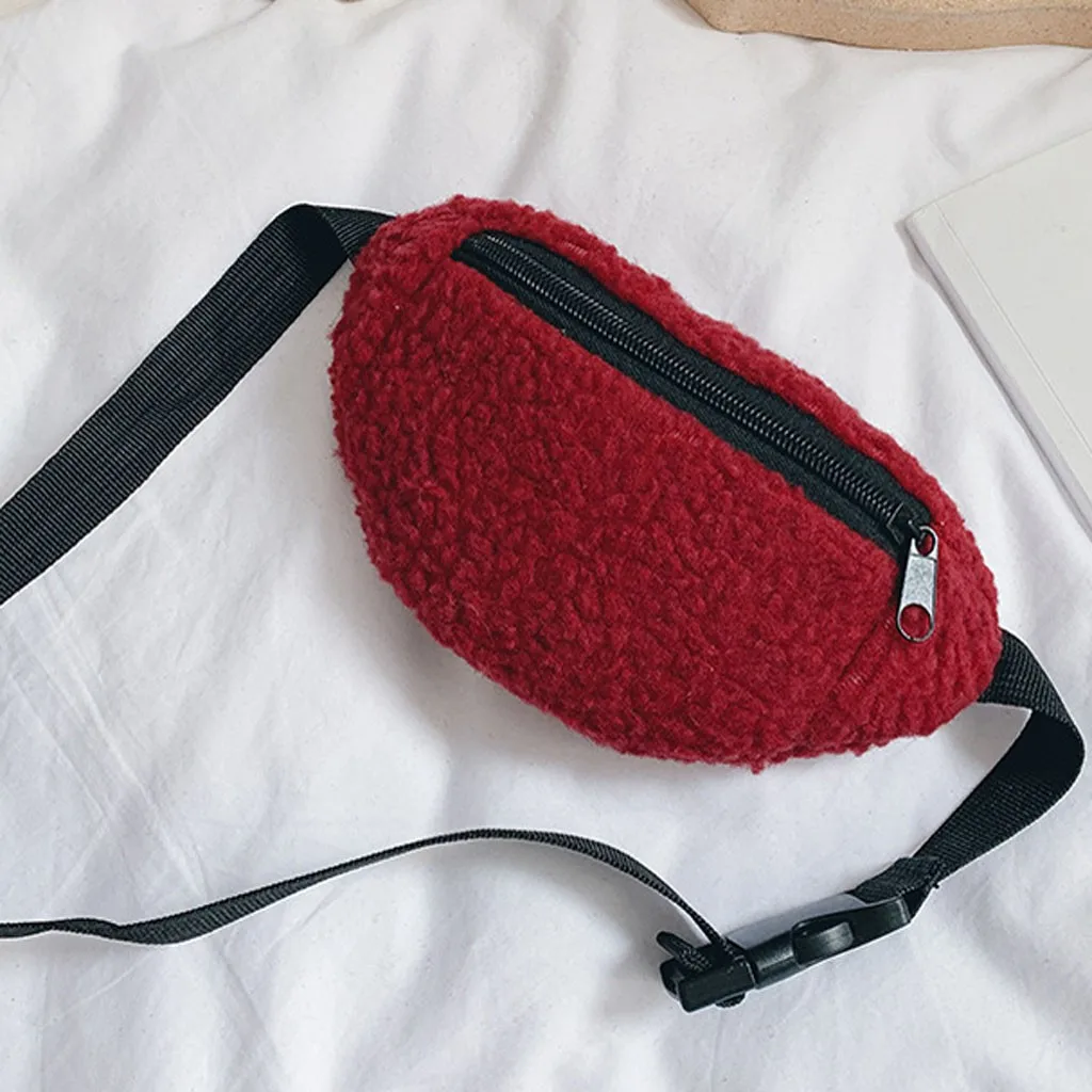 Children's Solid Color Cute Pattern Wool Chest Bag Pocket Fashion Trend New Women small Waist Pack Waist Bags for girls bolsa