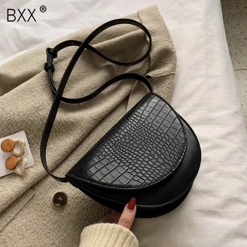 

[BXX] Crocodile Pattern PU Leather Saddle Bag For Women 2020 Solid Color Shoulder Messenger Bag Female Crossbody Handbags HK379