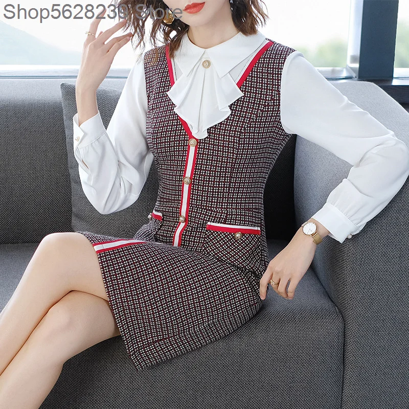 

2020 Pack Temperament Age-reducing Chiffon Splicing Fake Two Piece Dress Women's Middle School Long Slim Grid Shirt Skirt