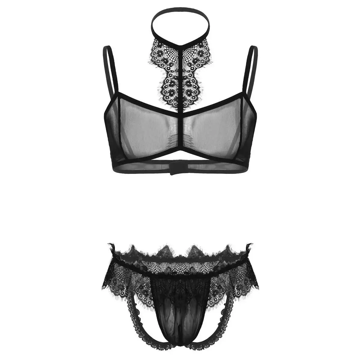 

See-Through Sheer Mesh Lace Gay Underwear Bra Top with G-strings Thongs Panties Hot Sexy Men Crossdressing Sissy Lingerie Set