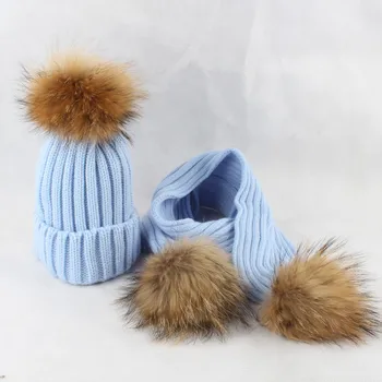 

Baby Winter Warm Toddler Knitted Beanie Hair ball Kids Girls Boys Hat Cap+Scarf