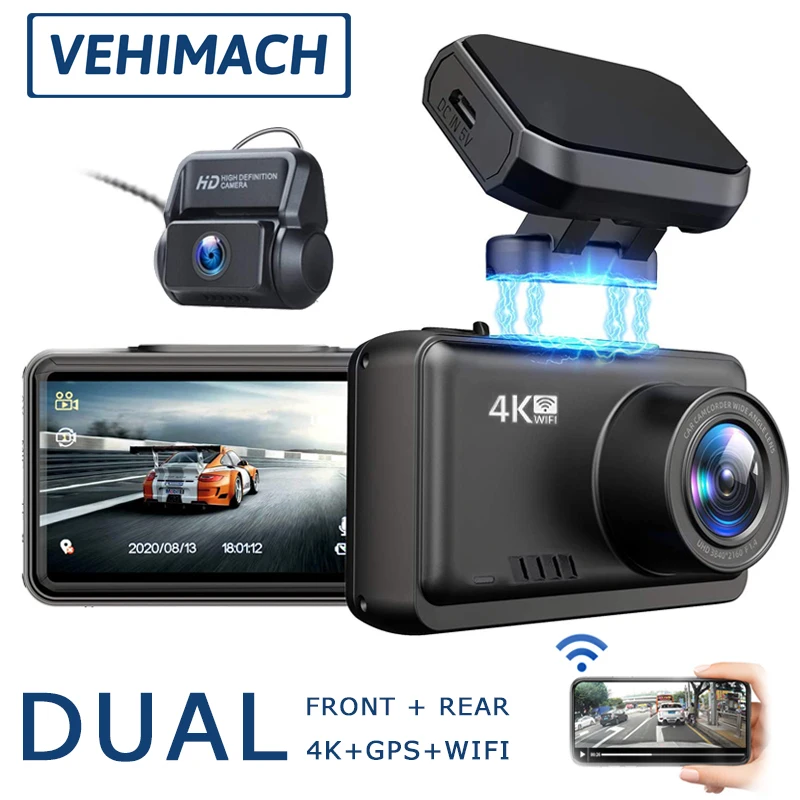 VEHIMACH двойной видеорегистратор 4K DVR зеркало Автомобильный WIFI GPS Dashcam фронтальная