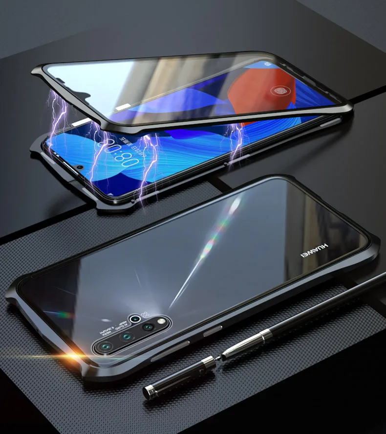 Для huawei Nova 5 Чехол в стиле летучей мыши тонкая металлическая рамка взрывозащищенный чехол из закаленного стекла с магнитной адсорбцией