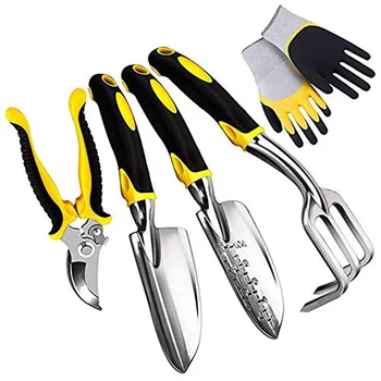 

5 Piece Garden Tools Set Including Transplanting Spade, Trowel, Cultivator, Pruner and Gardening Gloves, Gardening Tools Kit wit