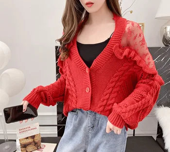 

Sexy V-Neck Lace Long Sleeve Autumn Cardigan Mujer Sweters Ruffle Cardigan Women Oversized Korean Style Women Invierno 2019