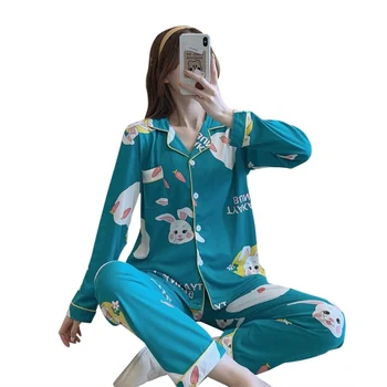 

Hot Ladies Lapel Cardigan Milk Fiber Cartoon Casual Pajamas Suit N