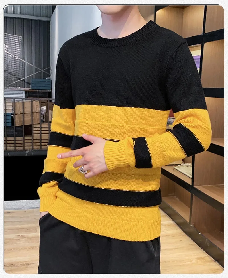 Autumn New Men's Long Sleeve Multi-striped Crewneck Pullover Sweater Relax Thin Cotton Knit Men Sweater