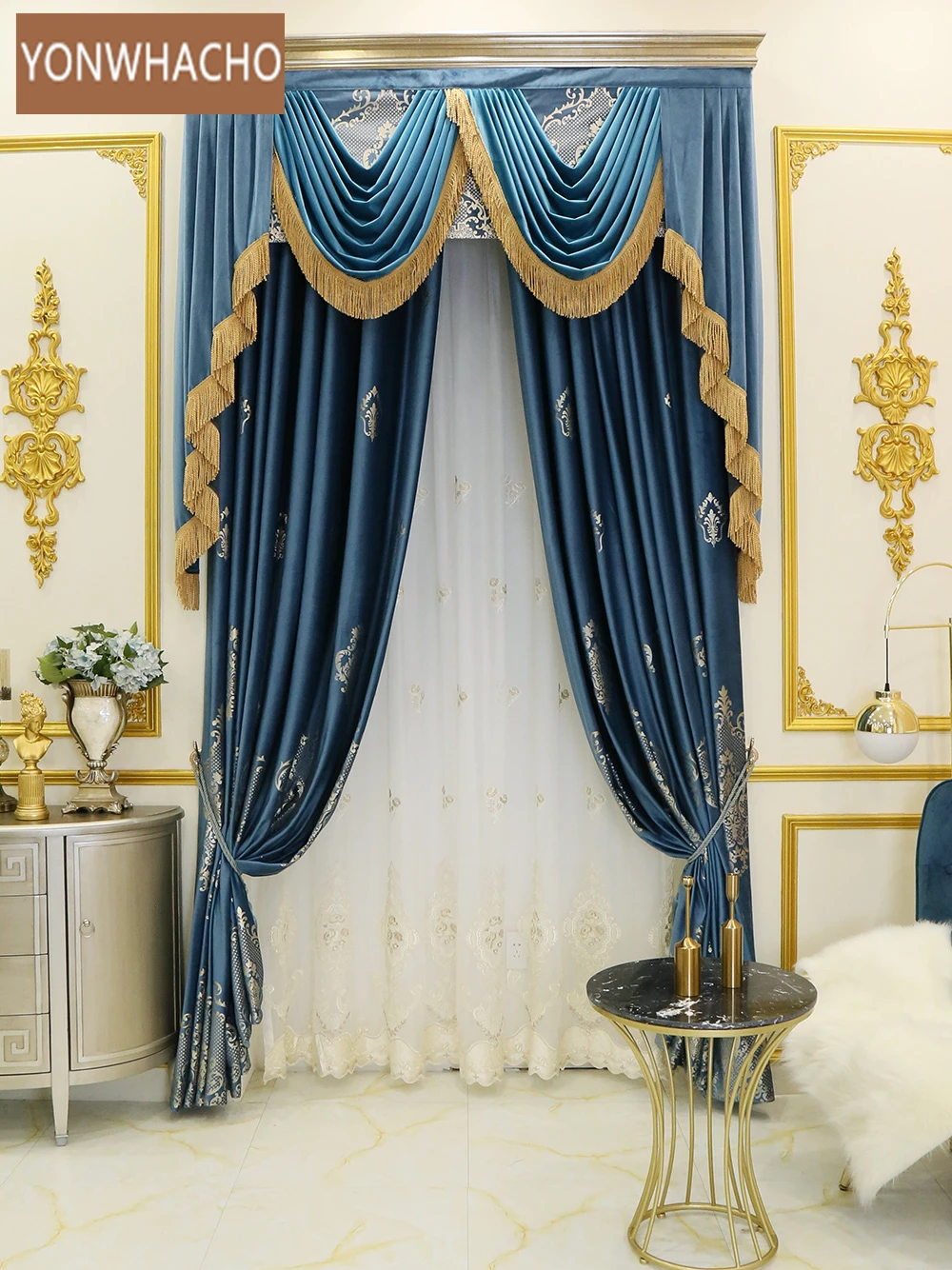 Custom curtains high quality Luxury European Bronzing velvet living room blue cloth blackout curtain valance tulle panel B557