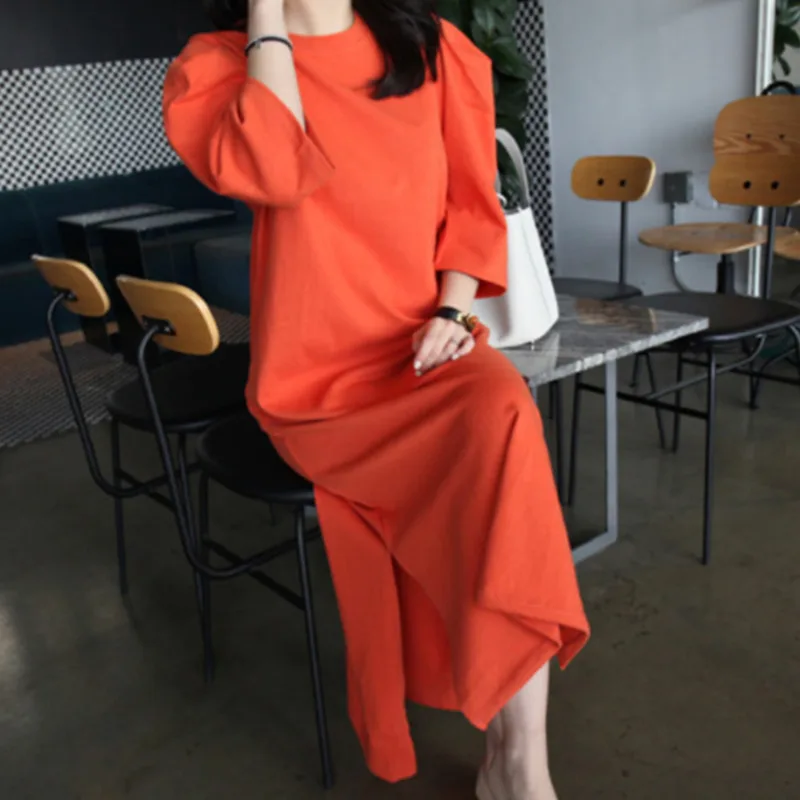 LANMREM Spring New Casual Fashion Temperament Women Loose Plus Solid Color Split Round Neck Sleeve Dress TC655