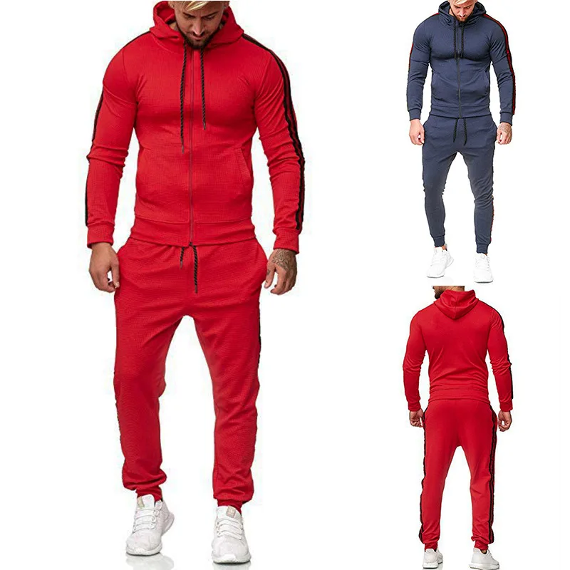 

2019 Ouma Zipper Cardigan Stripes Joint MEN'S Hooded Sweater Athletic Pants Set A27