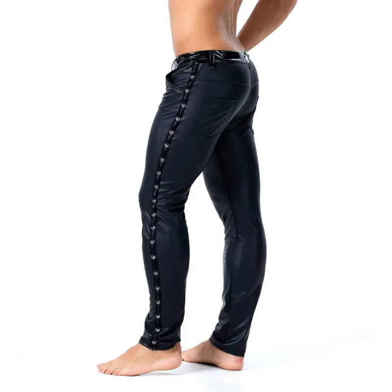 SXXLBrandMenLeatherRivetPantsSlimFitElasticStyleSpring