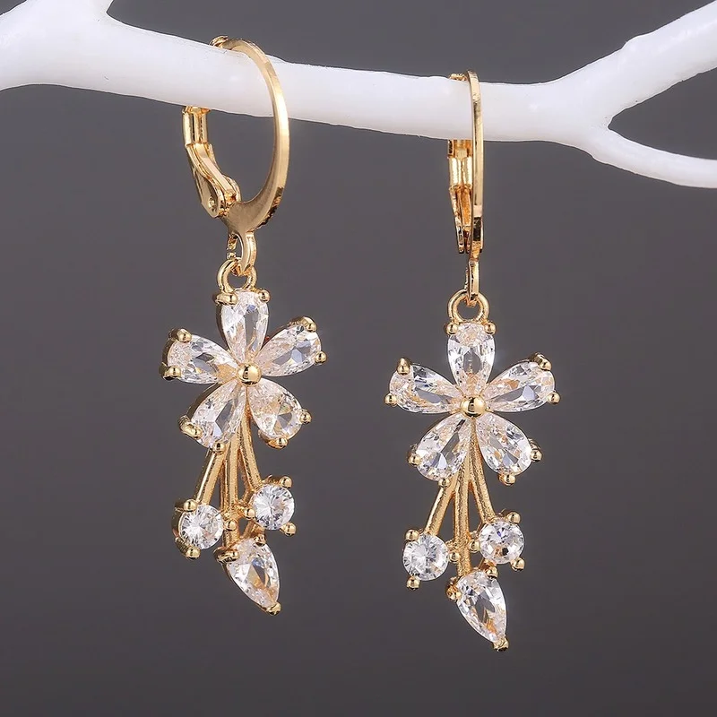 CAOSHI Luxury Gold Color Flower Shape Women Drop Earrings Inlaid Shiny Cubic Zirconia