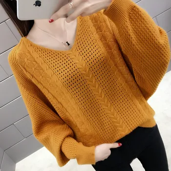 

2020 New Style Very Fairy Top V-neck Short Section Sweater Women's Loose Korean-Style Hollow-out Bottoming Shirt