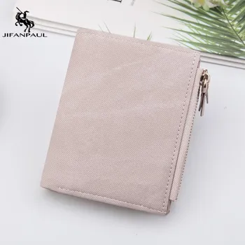 

JIFANPAUL New wallet female short paragraph retro canvas pattern multifunctional two folding buckle double zipper coin purse