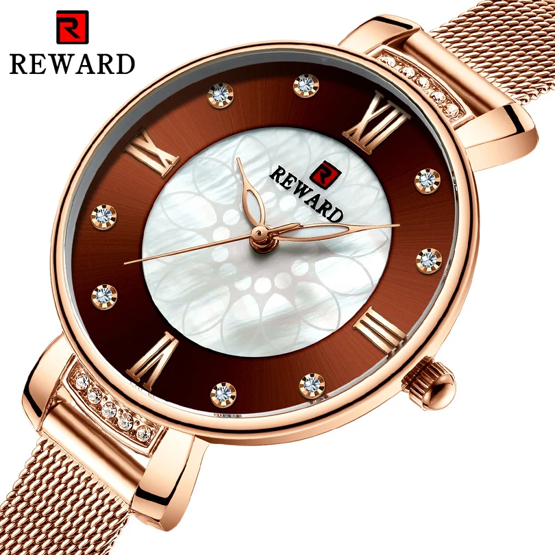 

REWARD Top Brand Luxury Quartz Watch Simple Design Luxury Gift Stainless Steel Band Curved Face Blue RoseGold Watches For Women