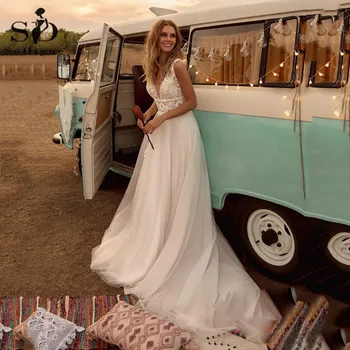 

SoDigne Boho Wedding Dresses V Neck A Line Lace Appliques Beach vintage Bridal Gowns Custom Bohemian Wedding Dress Plus Size