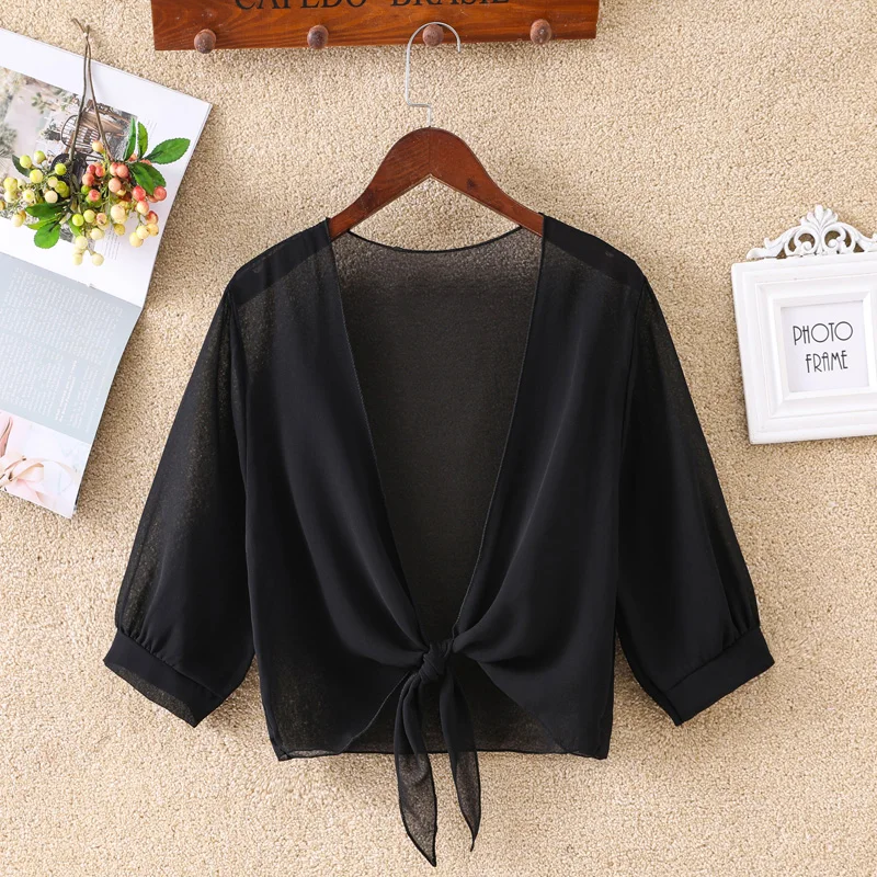 Fashion Women Wrap Jacket Half Sleeve Sheer Soft Chiffon Bolero Shrug