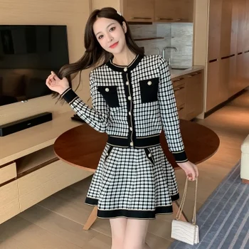 

European O-neck Plaid Knitted 2 Peice Skirts Sets Women Autumn And Winter Ladies Fashion A-line Short Skirt Suit Two Piece