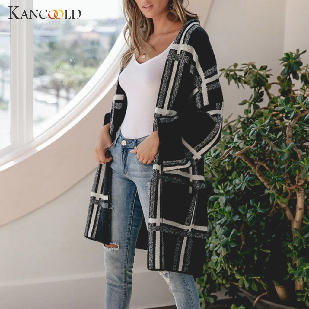 KANCOOLD пальто Модные женские зимние с длинным рукавом в полоску вязанная кофта кардиган с бантом Новые пальто и куртки для женщин 2019AUG13