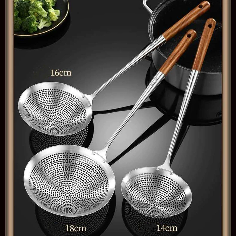 Stainless Steel Colander Strainer Soup Spoon Hot Pot Oil Filter Skimmer Mesh Long Wooden Handle Kitchen Sieves Scoop Tableware | Дом и сад
