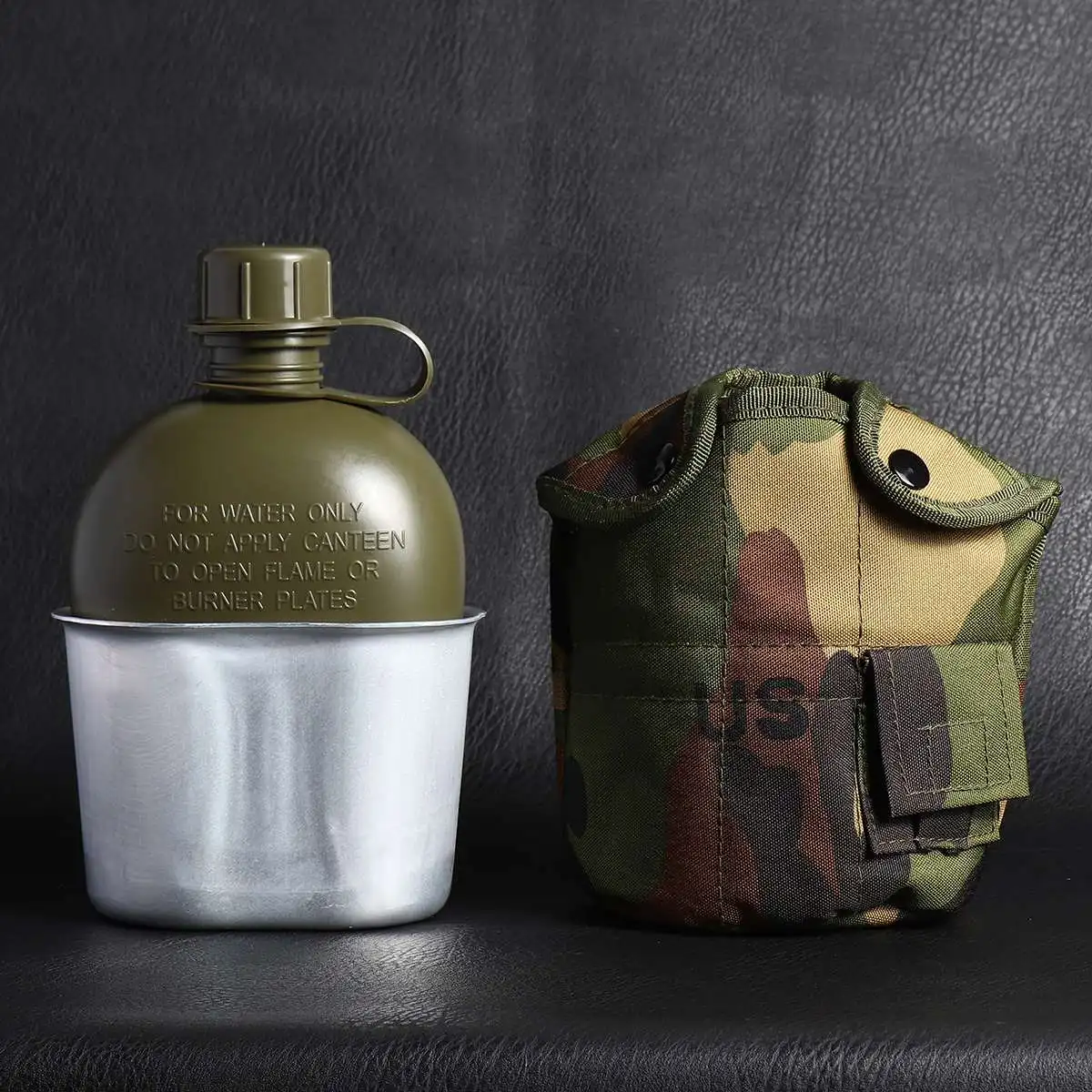Heavy Cover Army Water Bottle Aluminum Cooking Cup Military Canteen Camping Hiking Survival Kettle