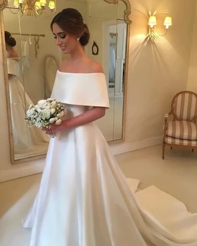 

2020 Elegant Bride Dress A-line Off-shoulder Long Satin Simple Wedding Dress with Train