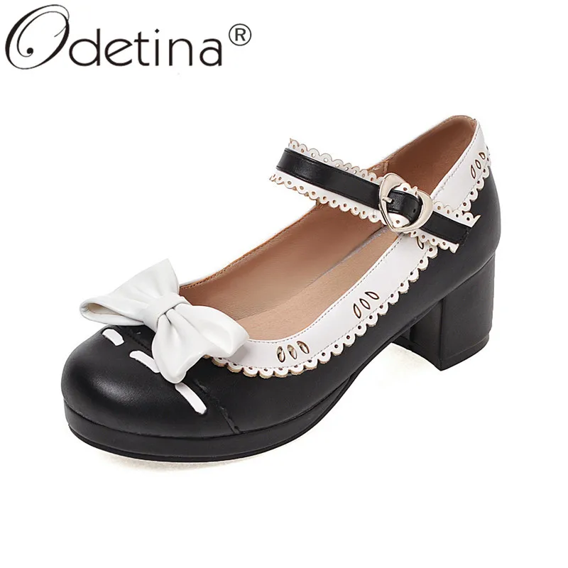 

Odetina Women Princess Cosplay Lolita Shoes Round Toe Chunky Mid Heel Ankle Strap Mary Jane Pumps Cute Bow Buckle Plus Size 43