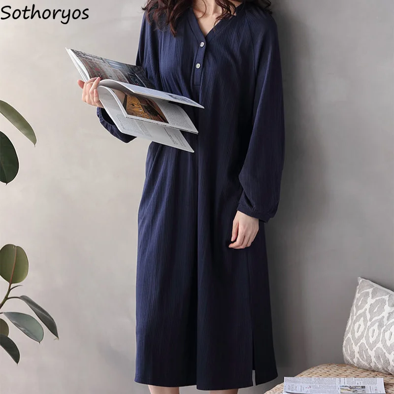 

V-neck Solid Long Sleeve Women Nightgowns Side-slit New Elegant Vintage Soft Mid-calf Homewear Daily Trendy Chic Japanese Style