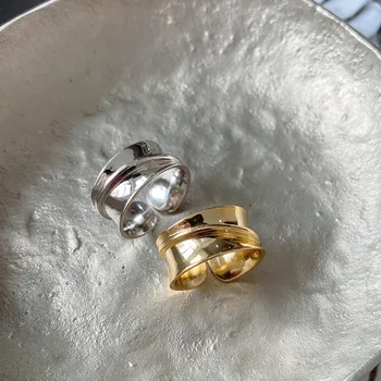 

INS 1PC Authentic S925 Sterling Silver FINE Jewelry white /Gold Smooth Lines Band Wider ring adjust Punk TLJ1292