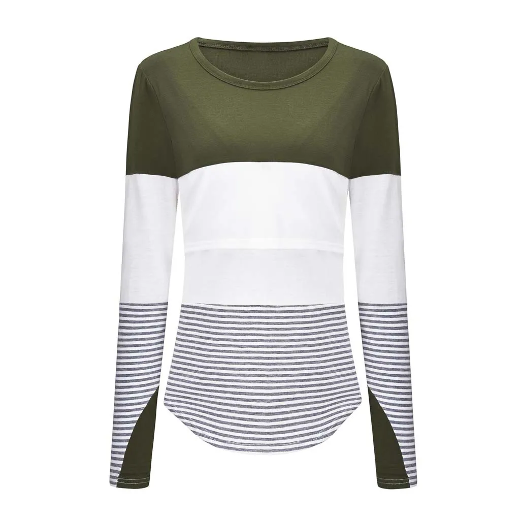 Hot Sale Breastfeeding Blouse Women Pregnant Nursing Maternity O-Neck Long Sleeve Splicing Stripe Blouse zwangerschaps shirt