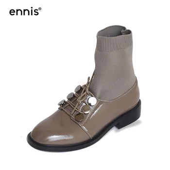 

ENNIS Brand Sock Knit Boots Women Genuine Leather Ankle Boots Stretch Low Heel Patent Boots Lace Up Ladies Shoes Autumn A9247