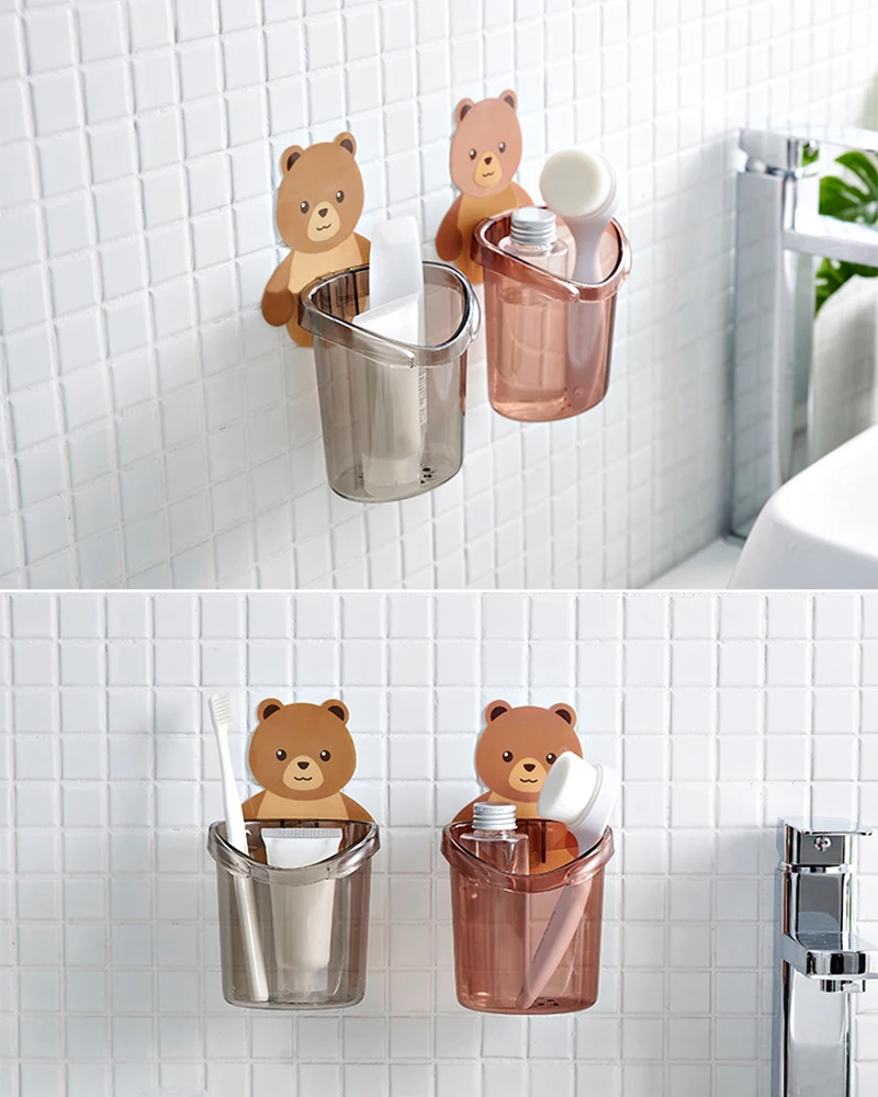 Free-Punch Bear Toothbrush Cup Holder Wall Mounted Toothpaste Storage Rack Shaver Dispenser Bathroom Accessories Organizer