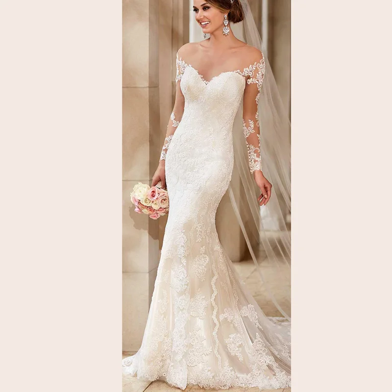 Vestido de noiva с открытыми плечами с длинным рукавом Аппликации цвета слоновой кости кружева свадебные платья с низким вырезом на спине дешевые свадебные платья русалки