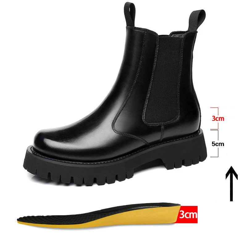 Winter Men Chelsea Rubber Boot Invisible Heel Lifted Boots Leather Platform Boots Height Increasing