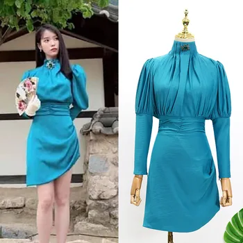 

kpop IU Lee Ji Eun 2020 women korean Retro elegant dress lady autumn fashion Hotel Evening party temperament long sleeve dresses