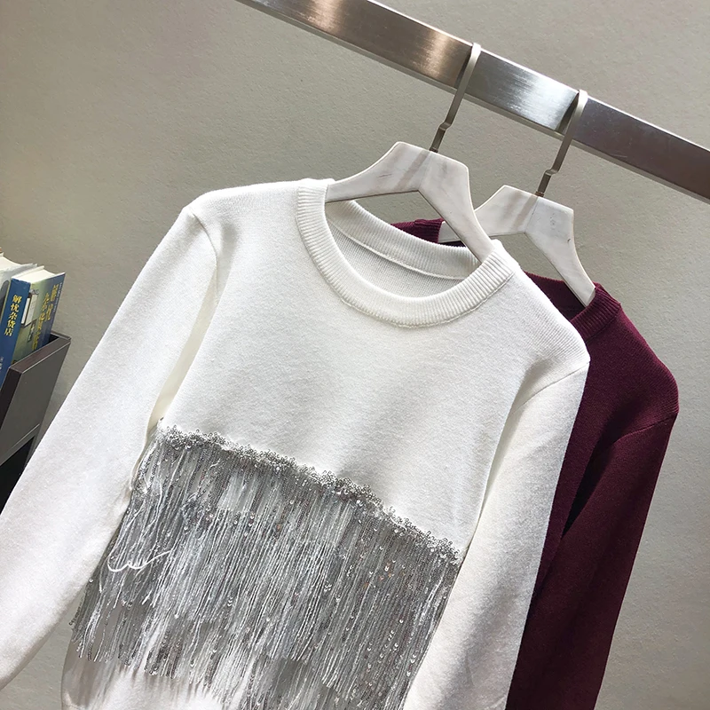 ALPHALMODA осенне-зимние модные свитера с бахромой с длинными рукавами и круглым вырезом стильный джемпер с кистями женская модная одежда