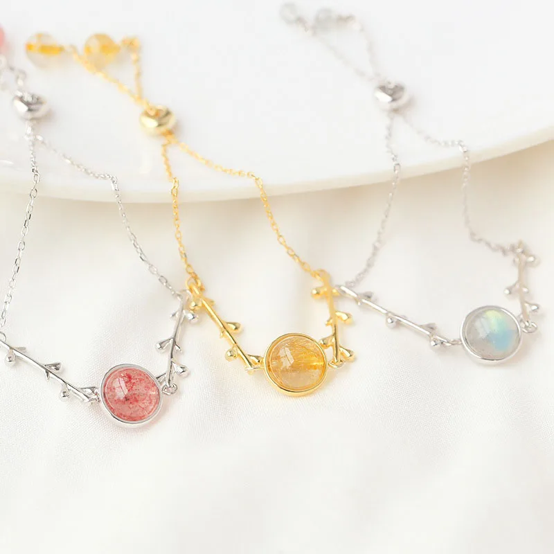 Charm Strawberry Crystal Leaves Branches Bracelets for Women Sweet S925 Sterling Silver Moonstone Bracelets Jewelry Gifts