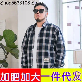 

Pure Cotton Men Plus Fat plus size Mill Wool Grid Splicing Shirt Loose Version Fat Large Size All Cotton Grid Clothes