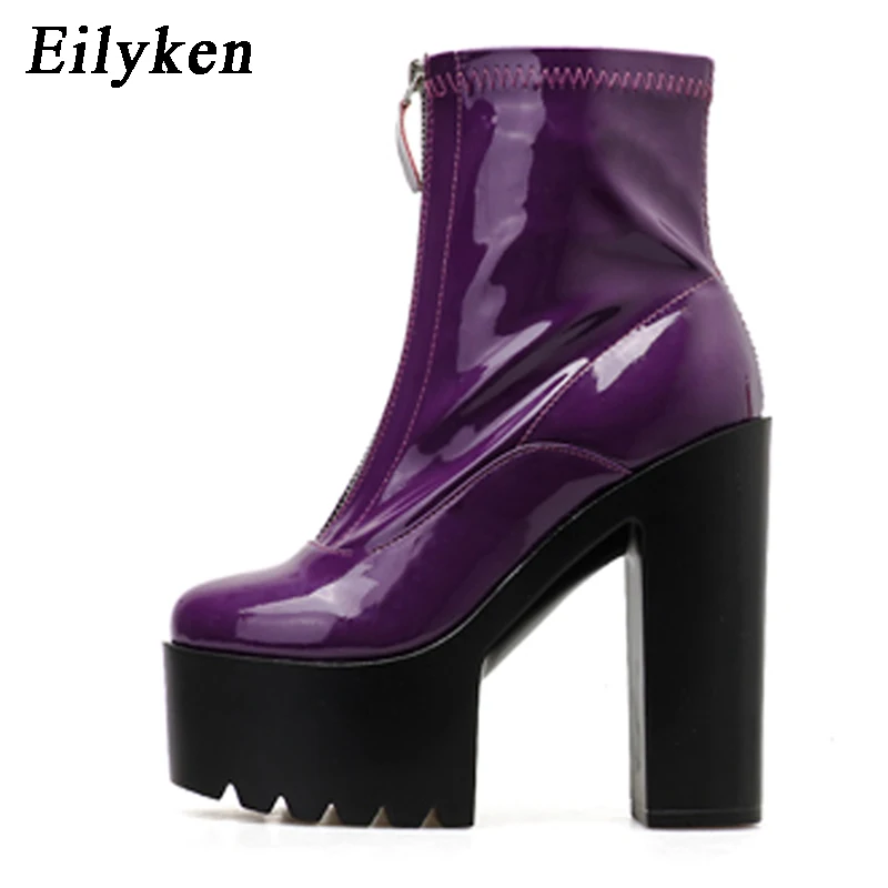 Eilyken; Новинка года; осенние женские ботильоны на платформе; модные вечерние туфли на высоком каблуке с круглым носком на молнии; пикантная женская обувь для ночного клуба; размеры 34-39 - Цвет: Purple