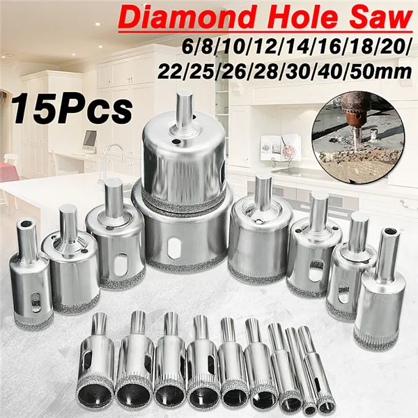 15pcs/set Diamond hole saw drill bit tool 6-50mm ceramic porcelain glass marble 6/8/10/12/14/16/18/20/22/25/26/28/30/40/50mm | Инструменты